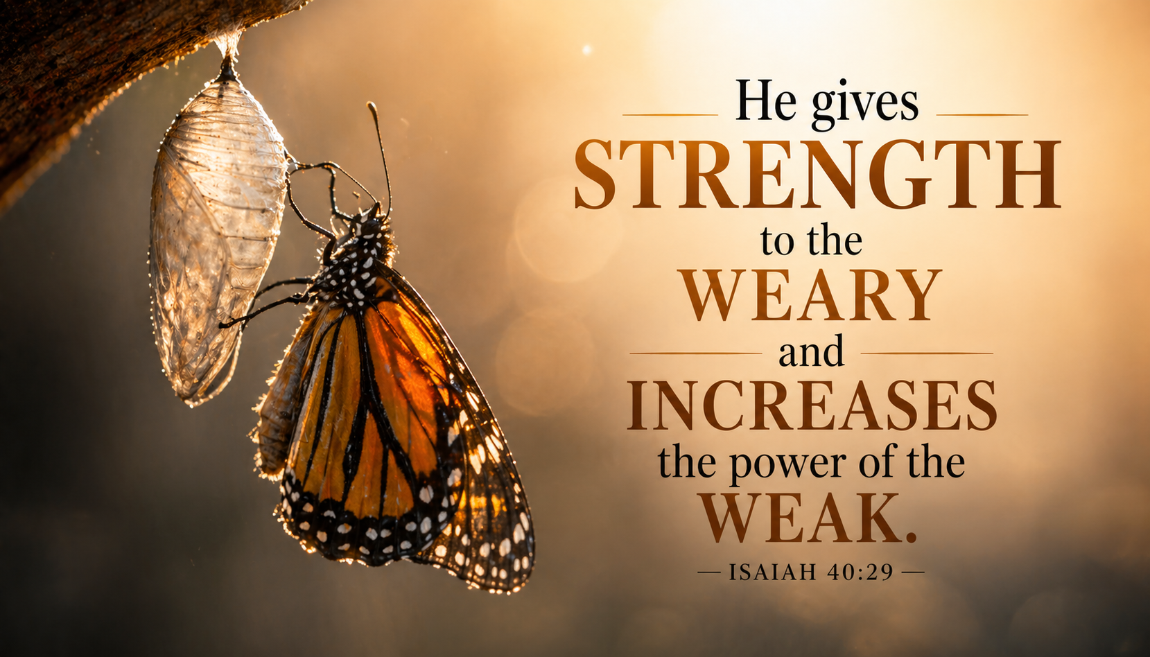 Bible verse wallpaper Isaiah 40:29 with butterfly emerging from chrysalis with wet wings unfolding backlit by warm light